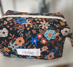 Trousse de toilette en velours fleuri, noire, beige et bleue