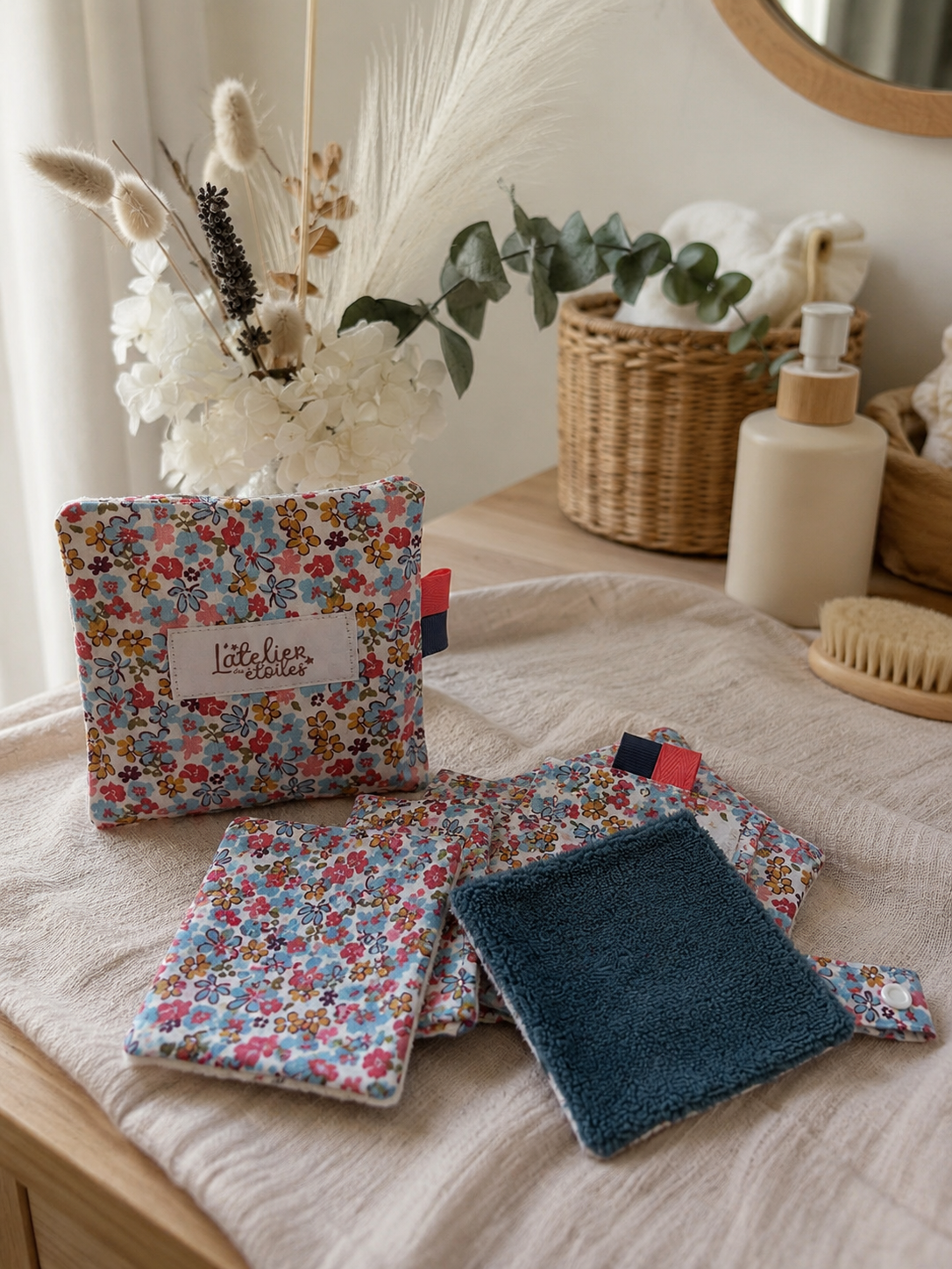 Pochette à lingettes fleurie bleu L'atelier des étoiles
