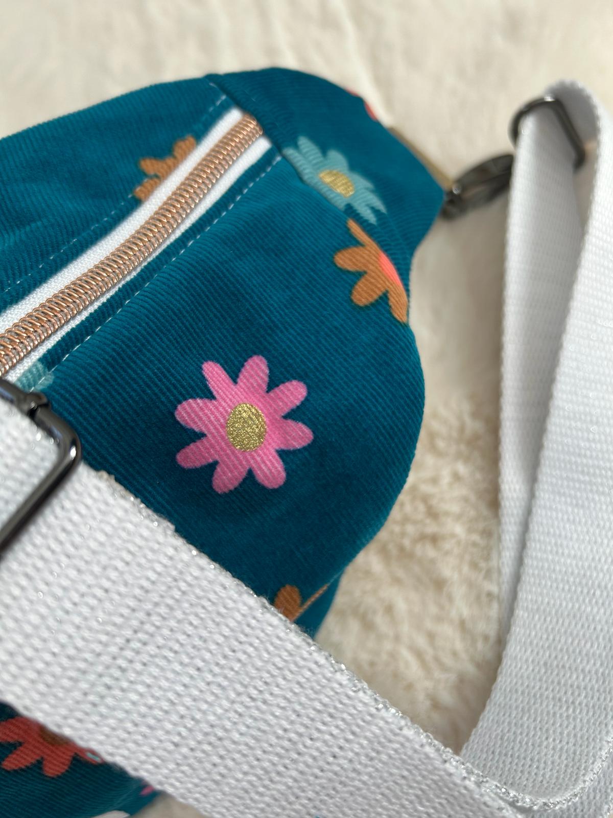 Sac banane velours fleuri turquoise L'atelier des étoiles