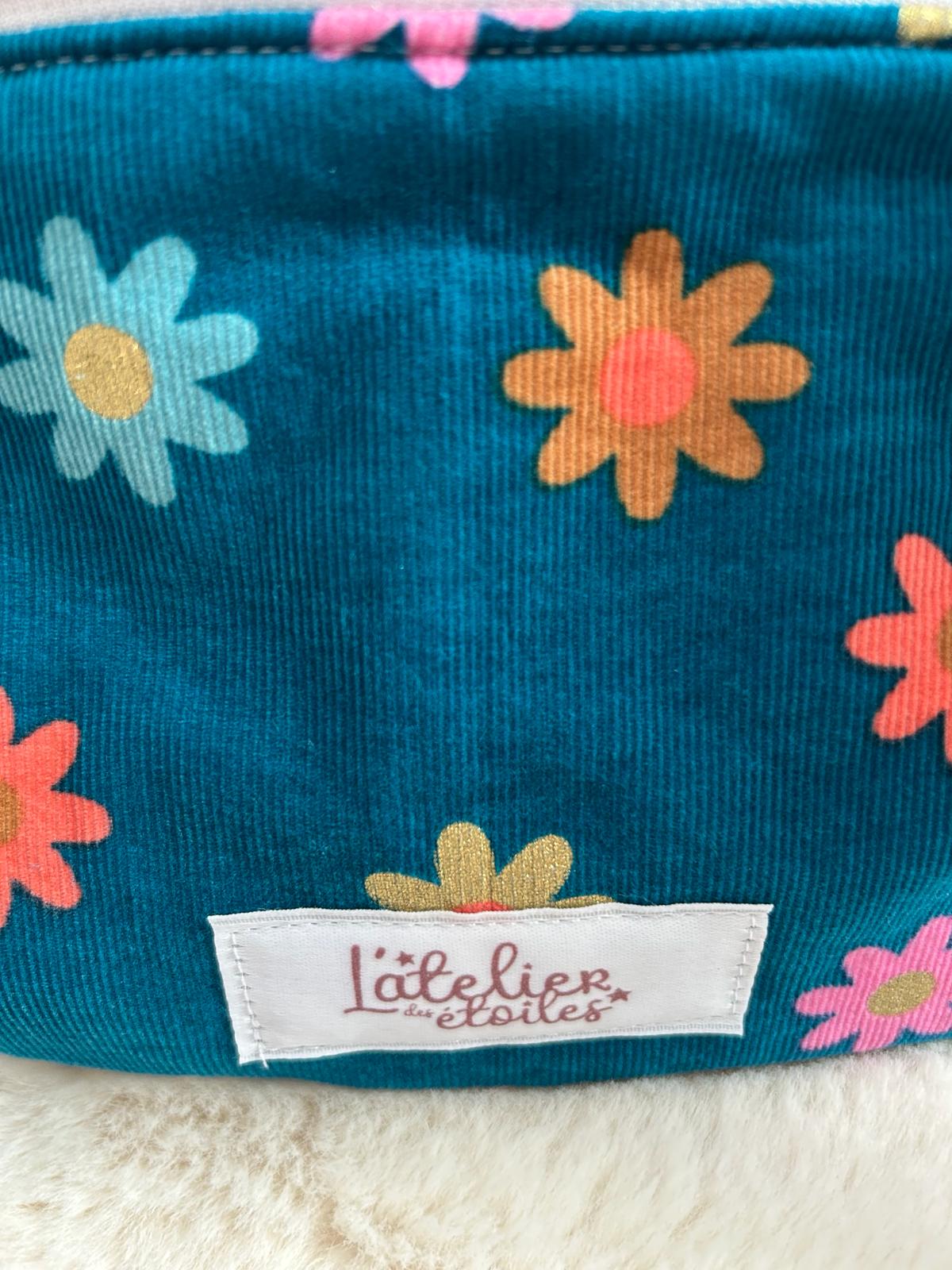 Sac banane velours fleuri turquoise L'atelier des étoiles